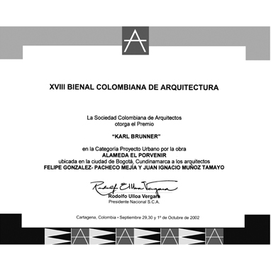 XVIII Bienal de Arquitectura de Quito,Categoría de Diseño urbano Internacional, Premio Bienal Ilustre Municipio de Quito. 